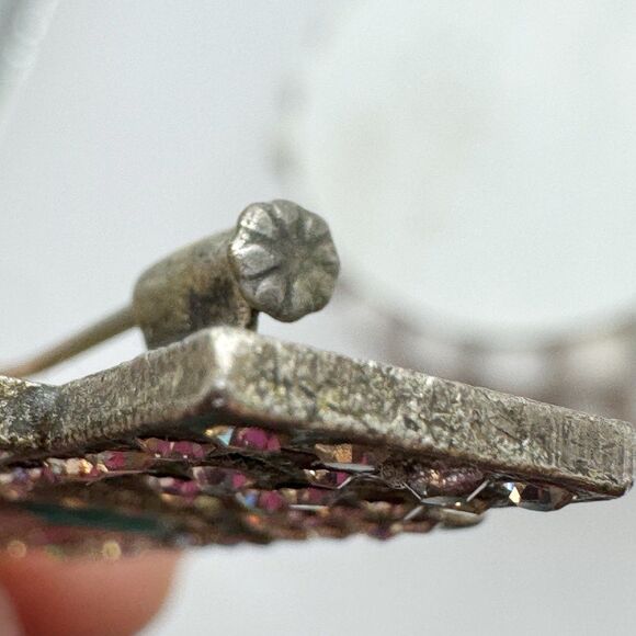 Antique Art Deco Rhinestone Brooch Pin Shadow Box Dried Flower Trombone Clasp - Picture 11 of 12